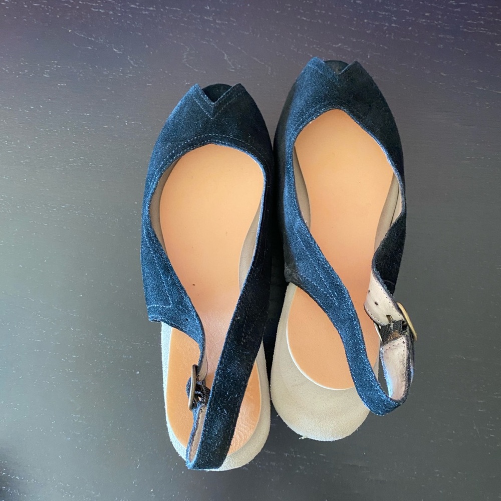 Bloomingdale's Black Suede Peep-Toe Wedge Sandals - Picture 5 of 7
